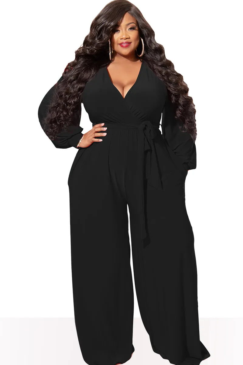 Final Sale Plus Size Faux Wrap Jumpsuit with Waist Tie in Black