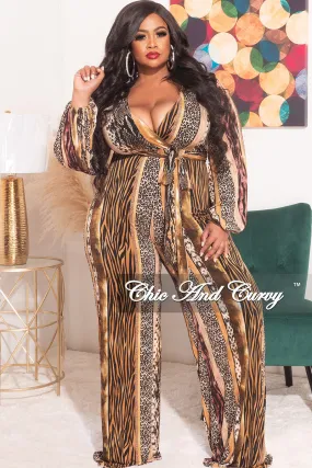 Final Sale Plus Size Faux Wrap Jumpsuit with Waist Tie in Mix Animal Print