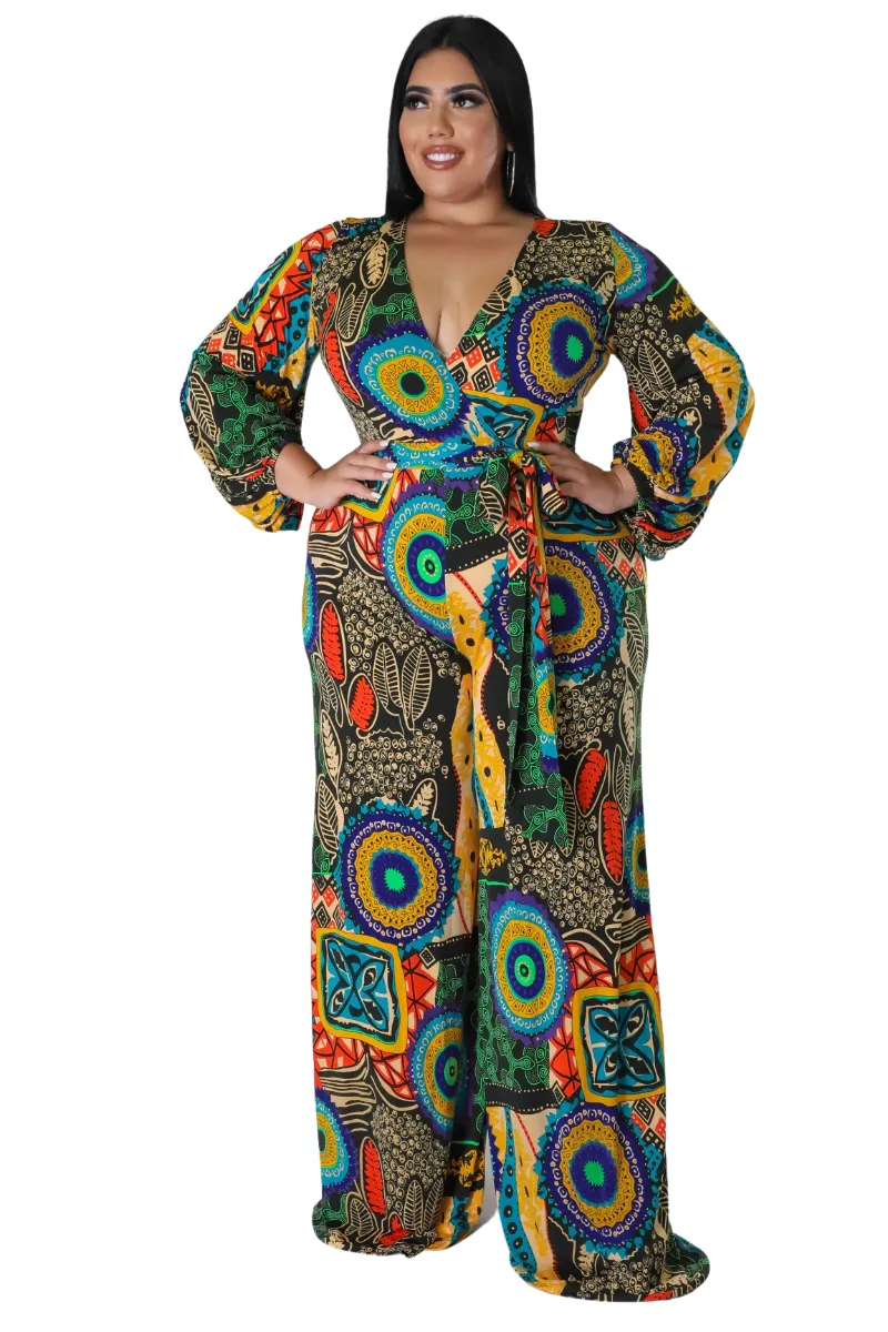 Final Sale Plus Size Faux Wrap Jumpsuit with Waist Tie in Multi Color Design Print