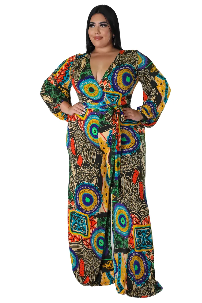 Final Sale Plus Size Faux Wrap Jumpsuit with Waist Tie in Multi Color Design Print