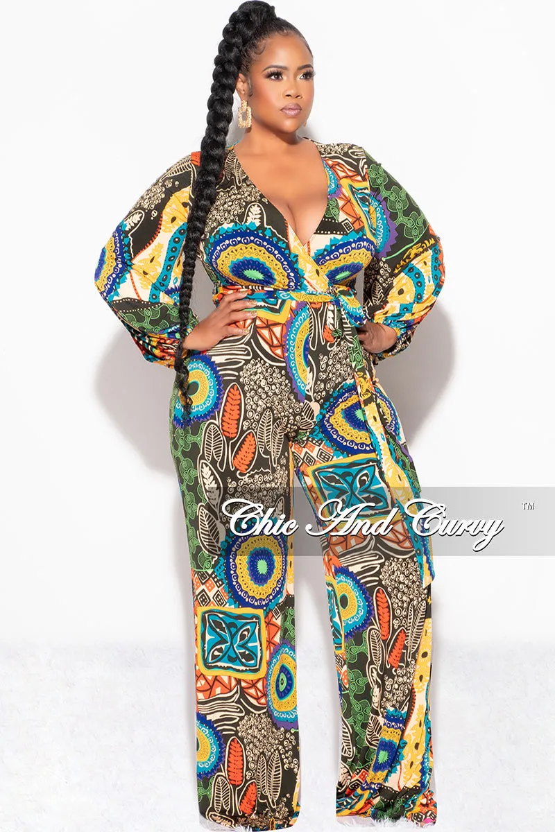 Final Sale Plus Size Faux Wrap Jumpsuit with Waist Tie in Multi Color Design Print