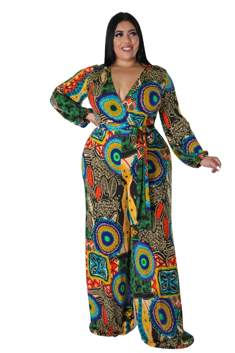 Final Sale Plus Size Faux Wrap Jumpsuit with Waist Tie in Multi Color Design Print