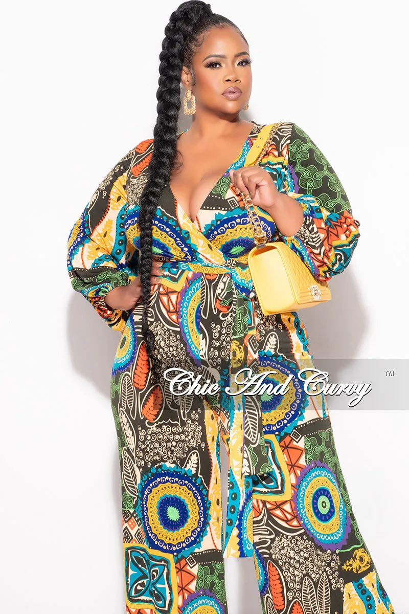 Final Sale Plus Size Faux Wrap Jumpsuit with Waist Tie in Multi Color Design Print