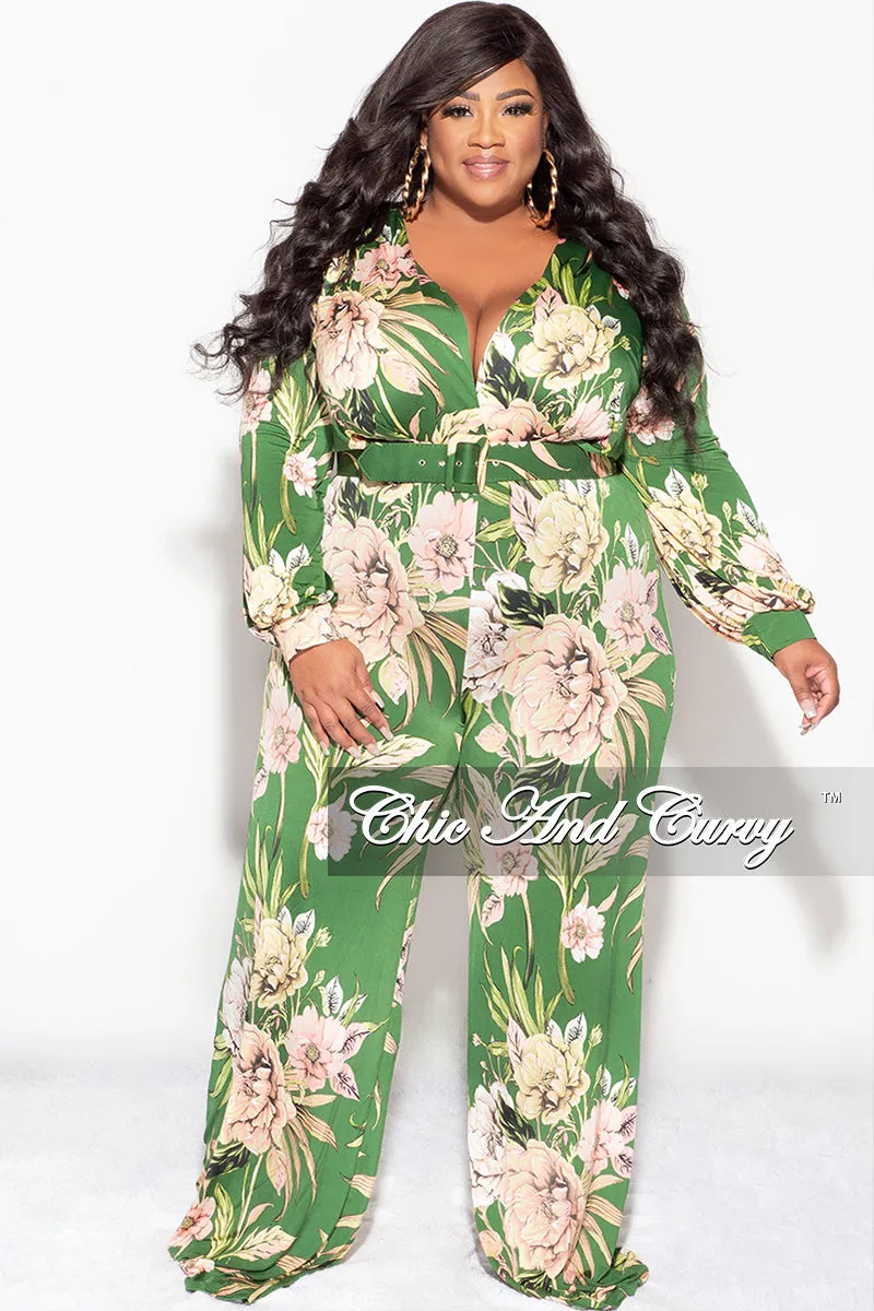 Final Sale Plus Size Faux Wrap Jumpsuit with Waist Tie in Olive & Pink Floral Print