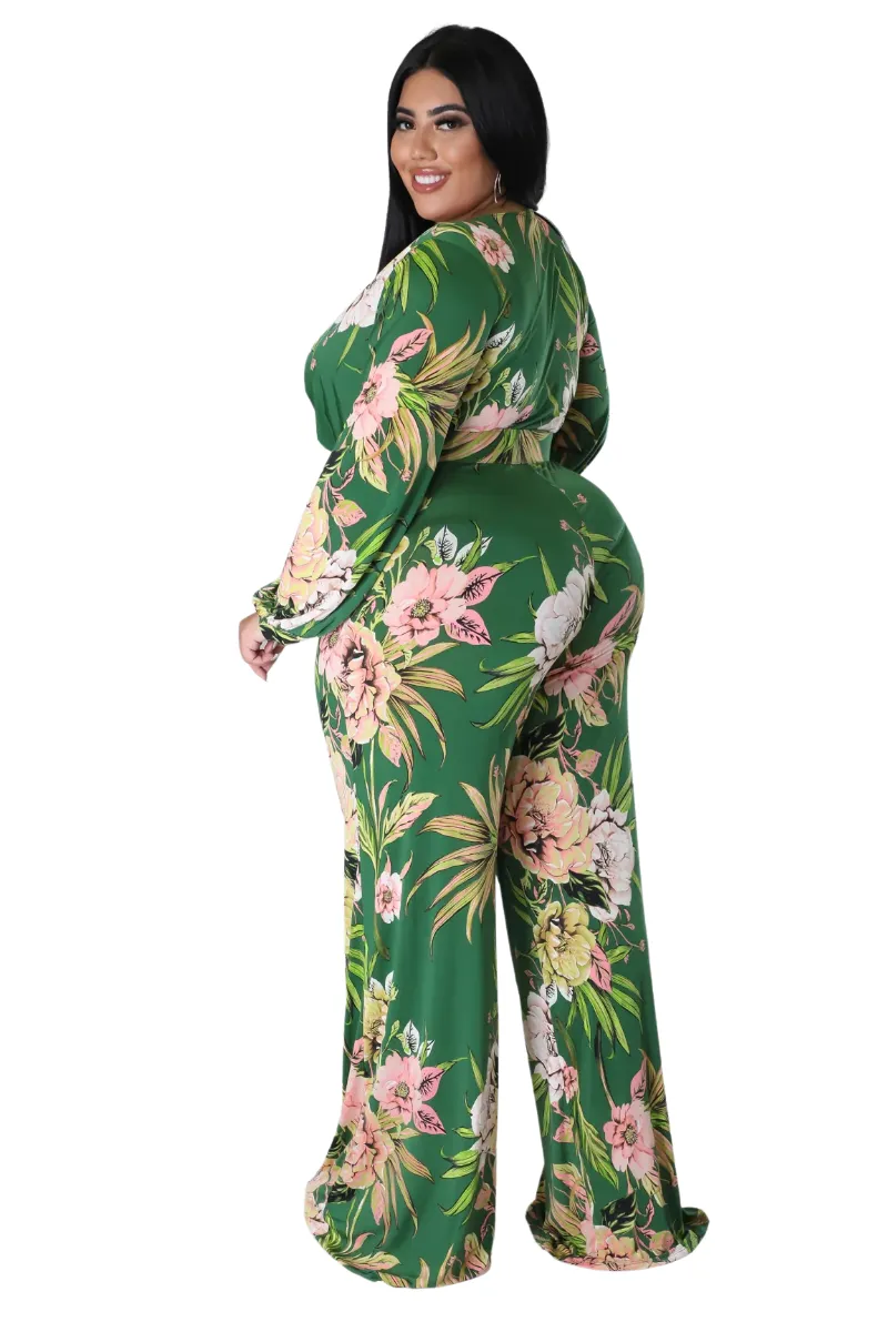 Final Sale Plus Size Faux Wrap Jumpsuit with Waist Tie in Olive & Pink Floral Print