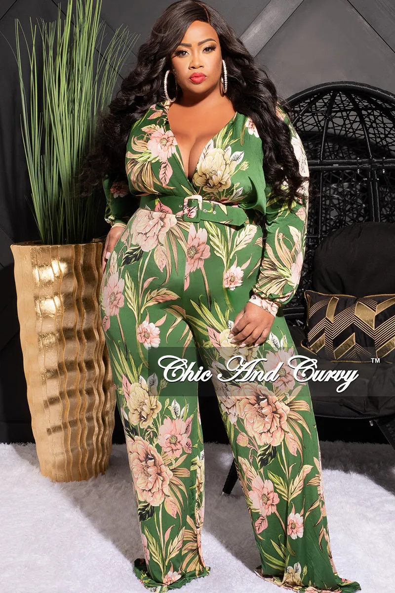 Final Sale Plus Size Faux Wrap Jumpsuit with Waist Tie in Olive & Pink Floral Print