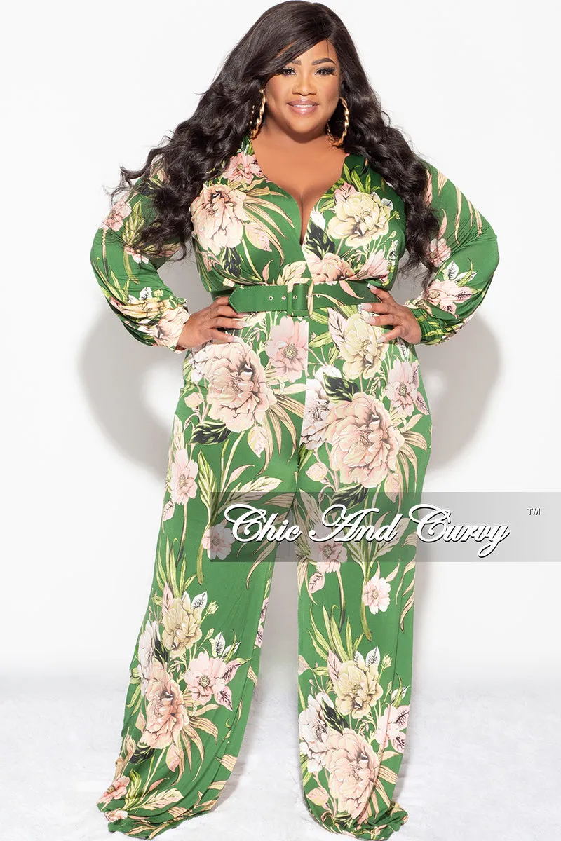 Final Sale Plus Size Faux Wrap Jumpsuit with Waist Tie in Olive & Pink Floral Print