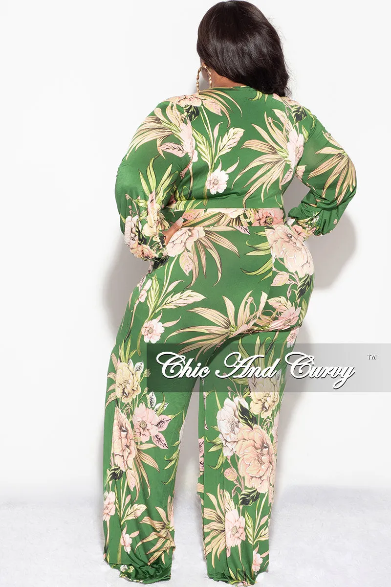 Final Sale Plus Size Faux Wrap Jumpsuit with Waist Tie in Olive & Pink Floral Print