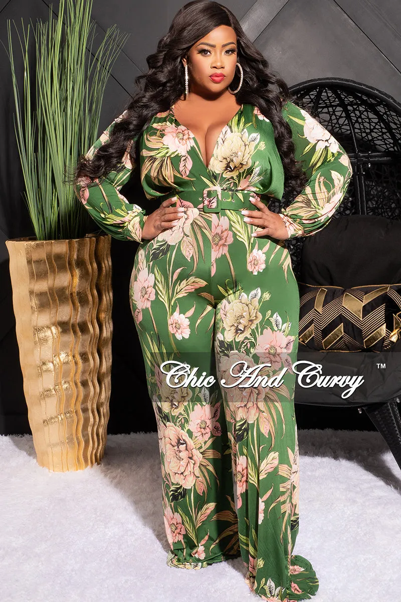 Final Sale Plus Size Faux Wrap Jumpsuit with Waist Tie in Olive & Pink Floral Print