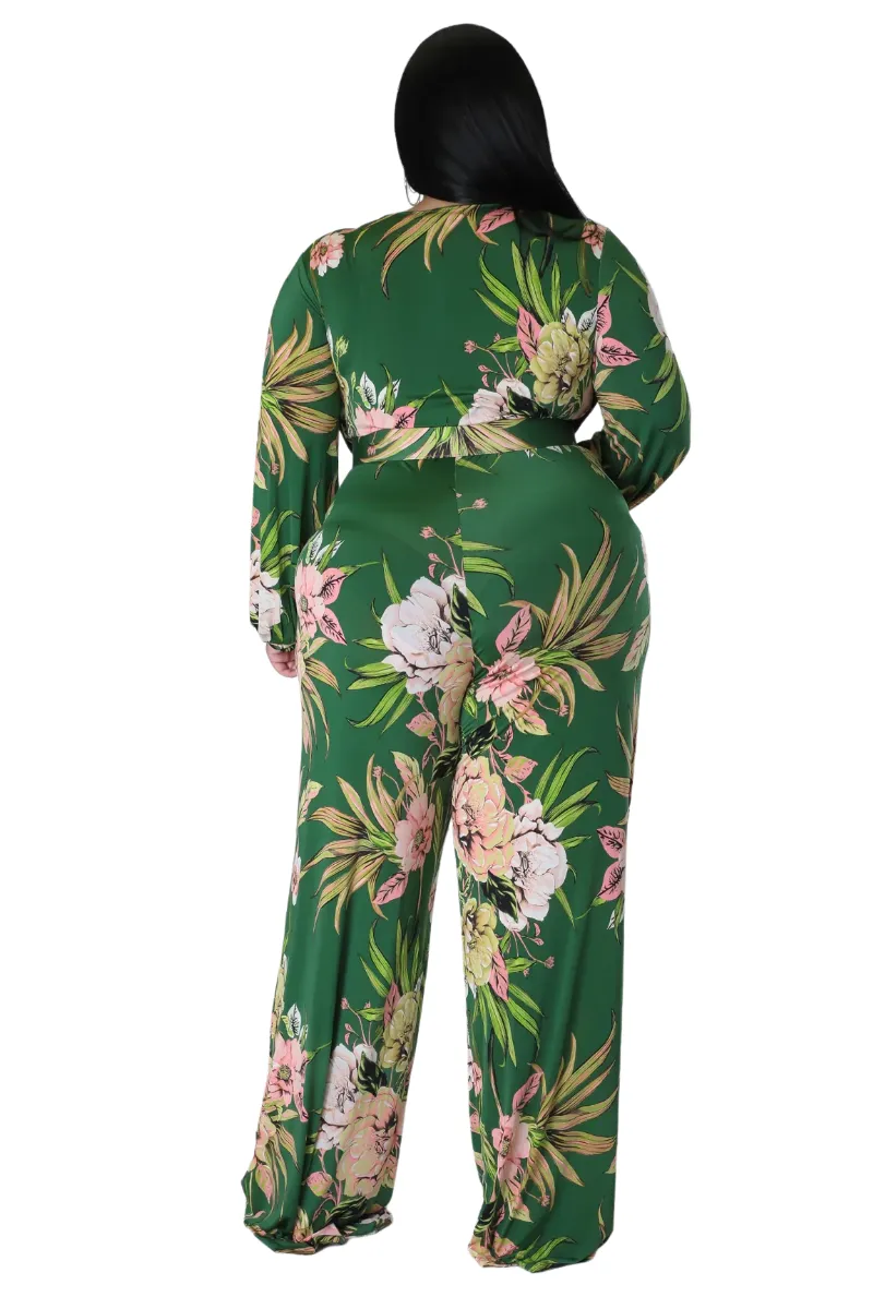 Final Sale Plus Size Faux Wrap Jumpsuit with Waist Tie in Olive & Pink Floral Print