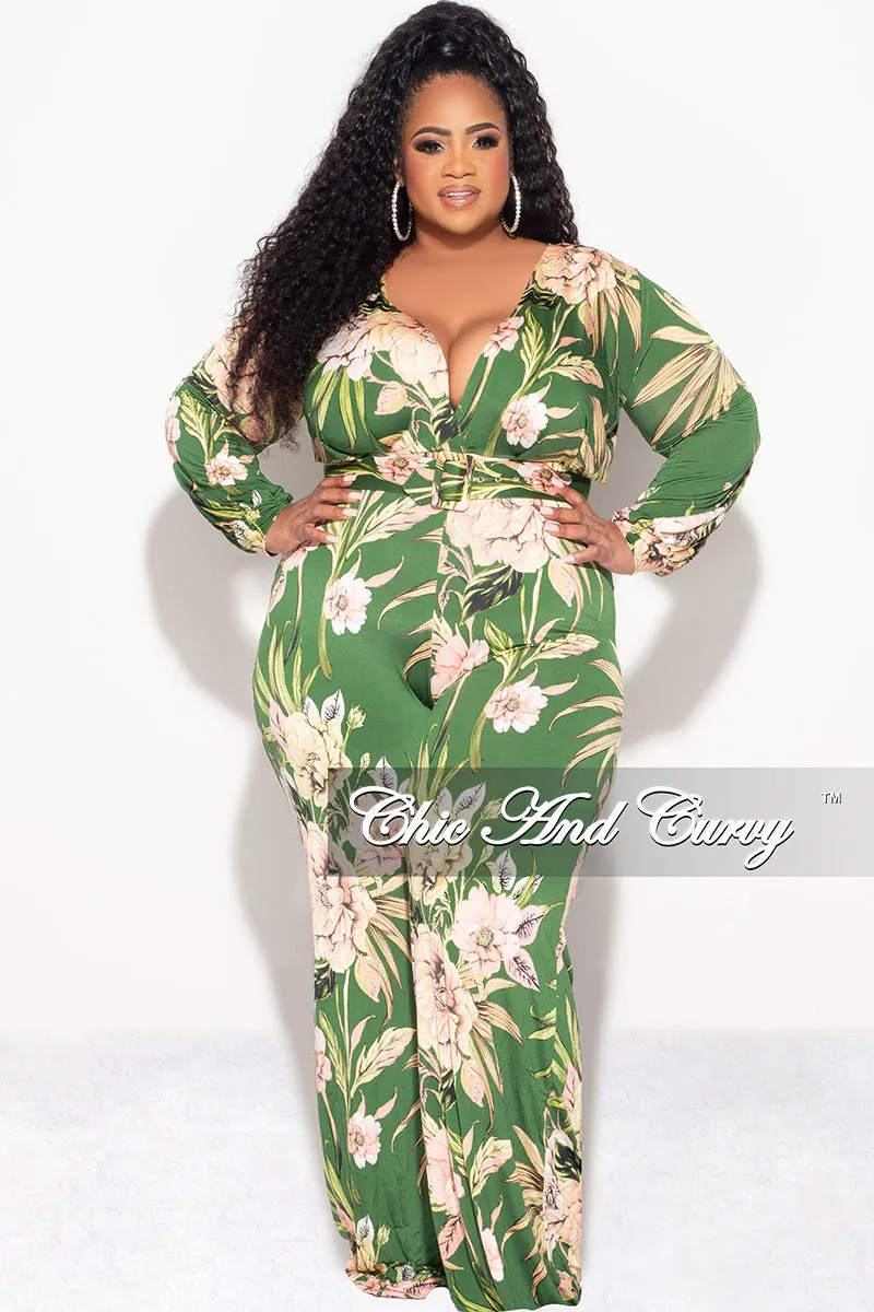 Final Sale Plus Size Faux Wrap Jumpsuit with Waist Tie in Olive & Pink Floral Print