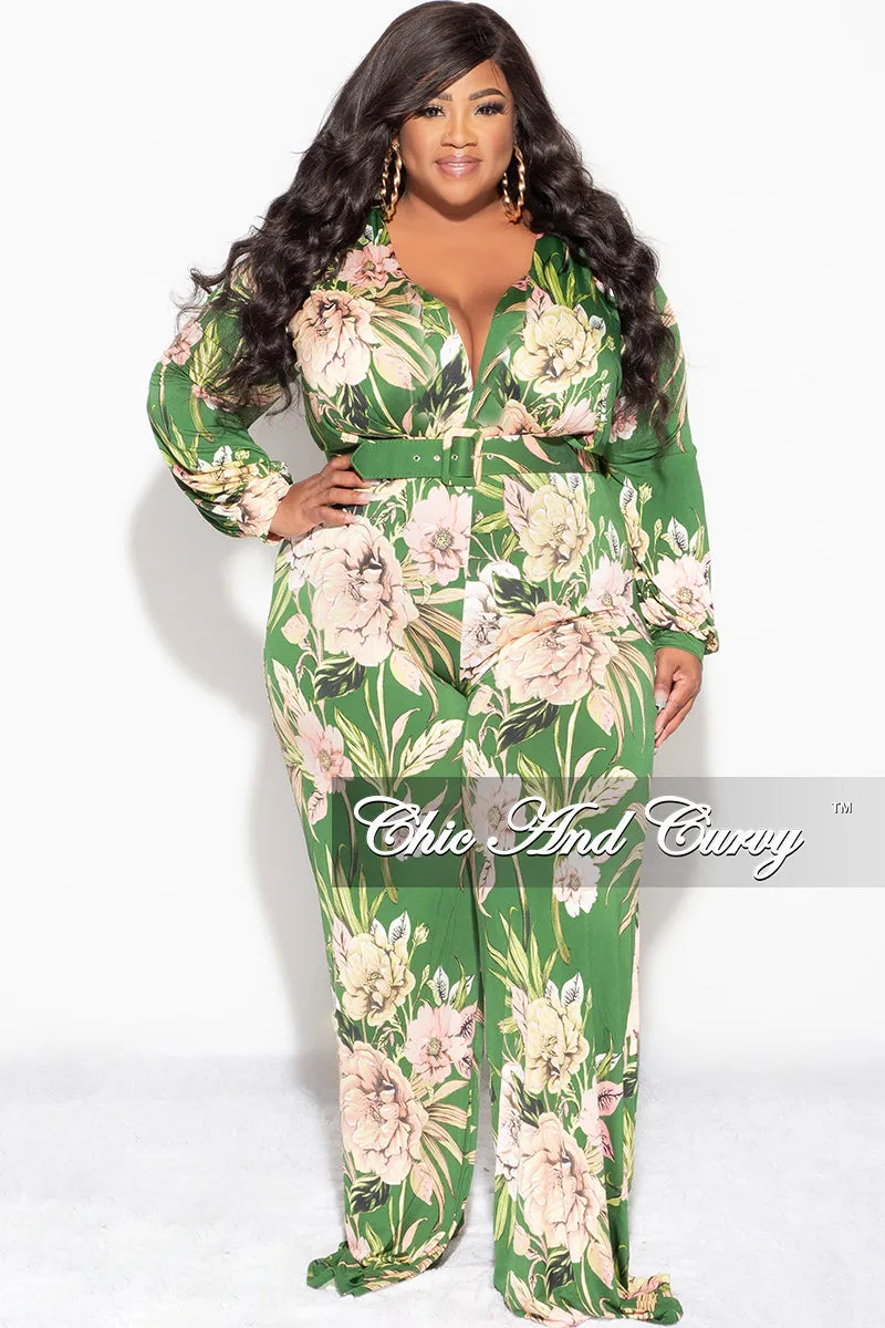 Final Sale Plus Size Faux Wrap Jumpsuit with Waist Tie in Olive & Pink Floral Print