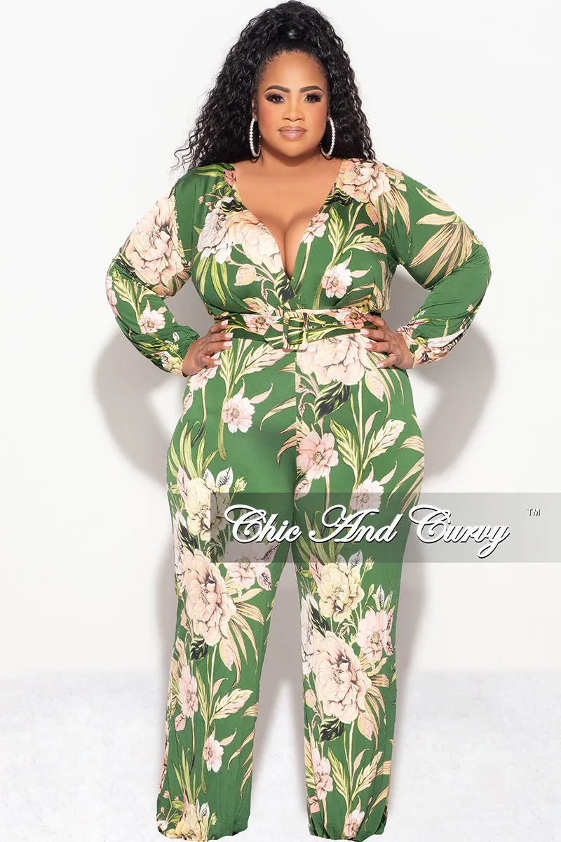 Final Sale Plus Size Faux Wrap Jumpsuit with Waist Tie in Olive & Pink Floral Print