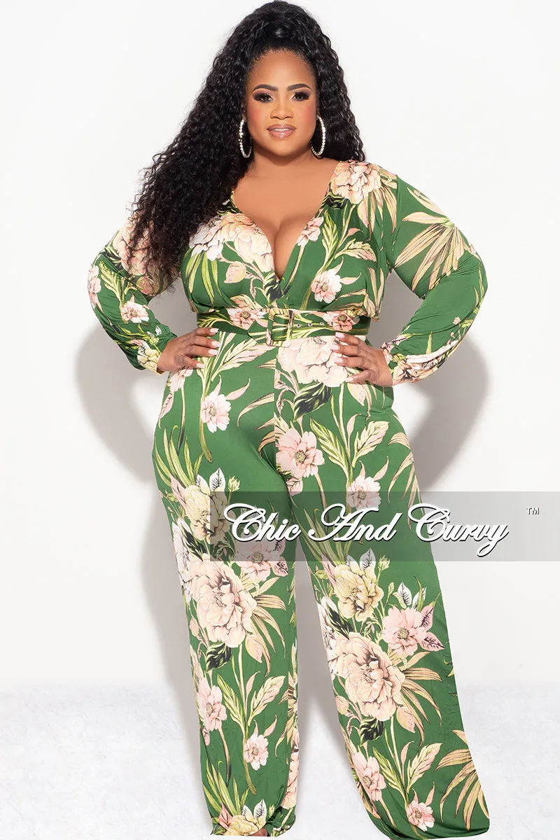 Final Sale Plus Size Faux Wrap Jumpsuit with Waist Tie in Olive & Pink Floral Print