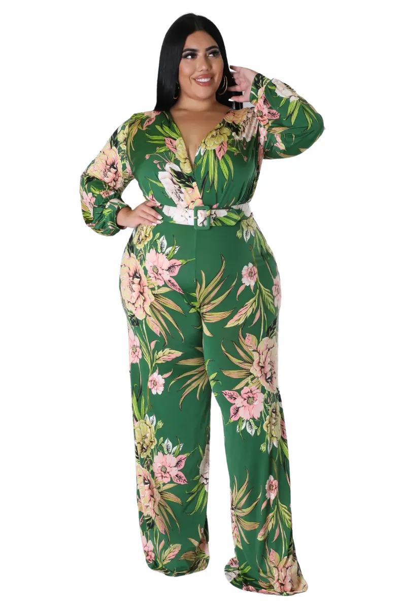 Final Sale Plus Size Faux Wrap Jumpsuit with Waist Tie in Olive & Pink Floral Print