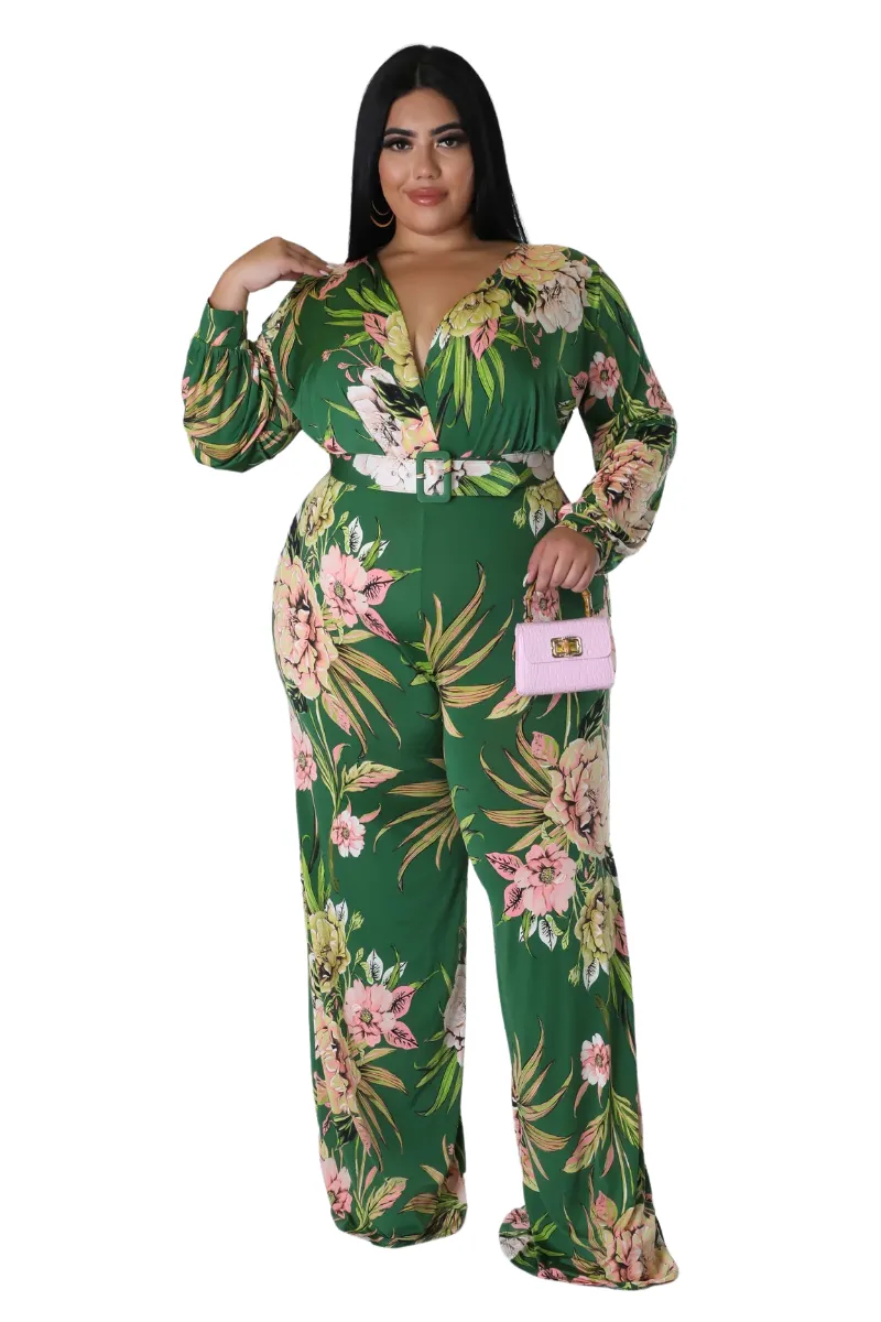 Final Sale Plus Size Faux Wrap Jumpsuit with Waist Tie in Olive & Pink Floral Print