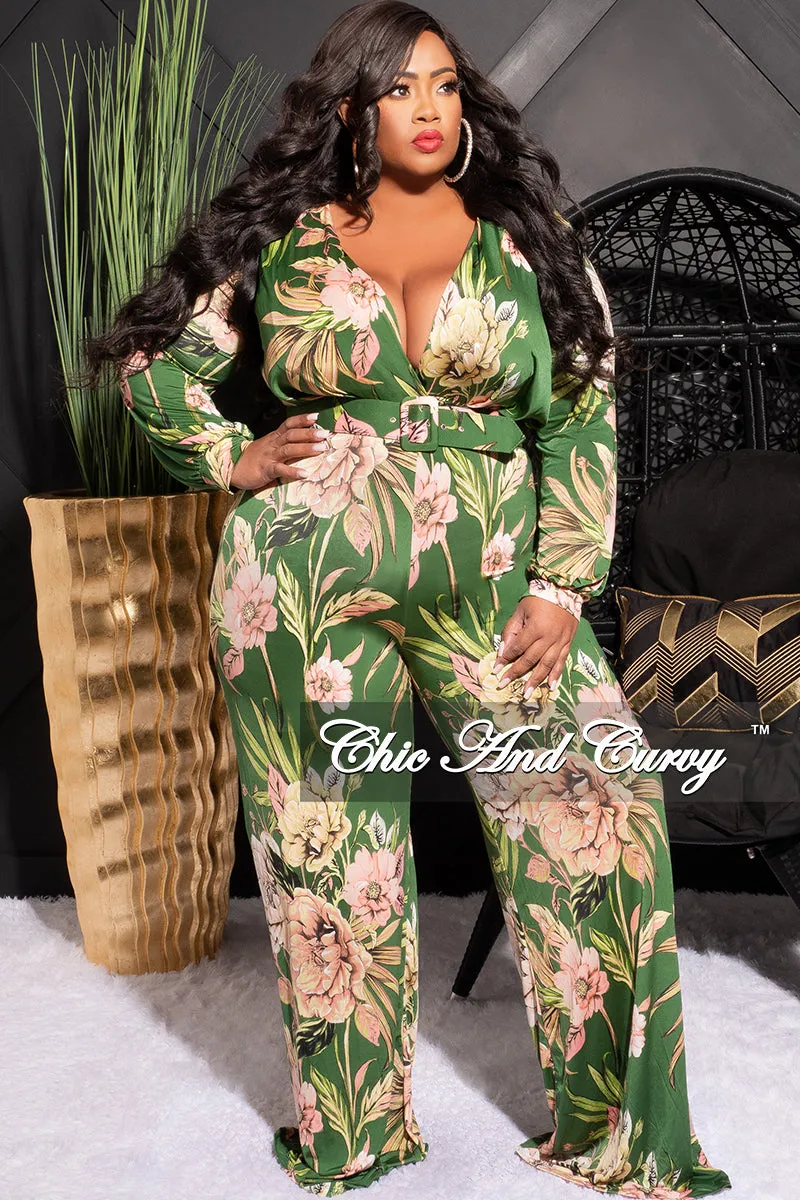 Final Sale Plus Size Faux Wrap Jumpsuit with Waist Tie in Olive & Pink Floral Print