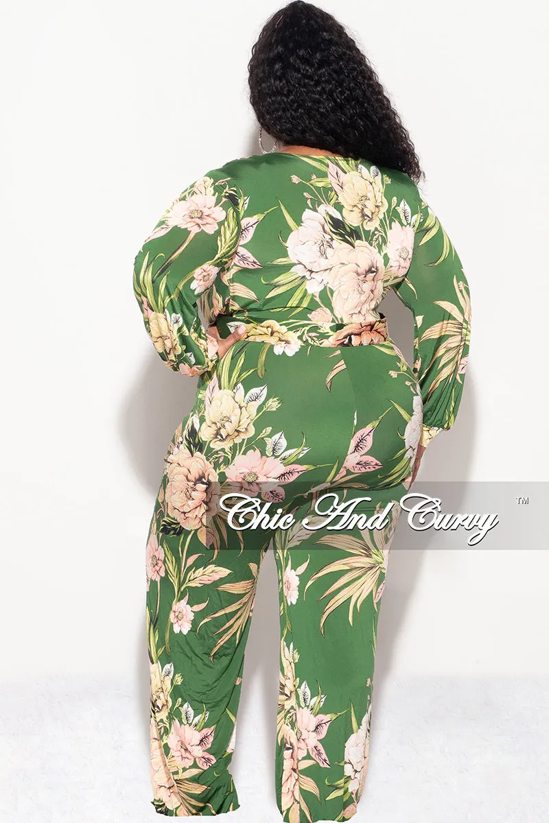 Final Sale Plus Size Faux Wrap Jumpsuit with Waist Tie in Olive & Pink Floral Print