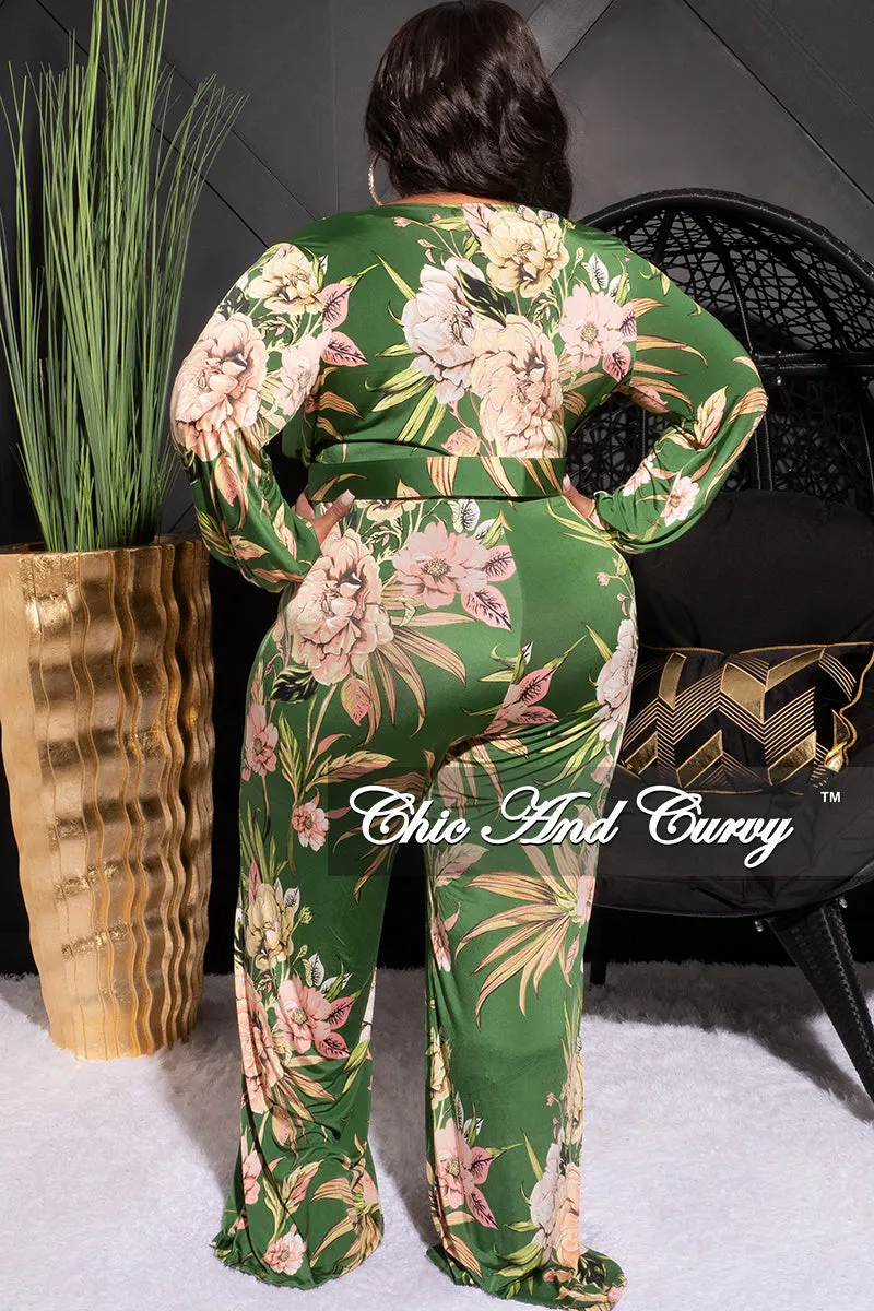 Final Sale Plus Size Faux Wrap Jumpsuit with Waist Tie in Olive & Pink Floral Print