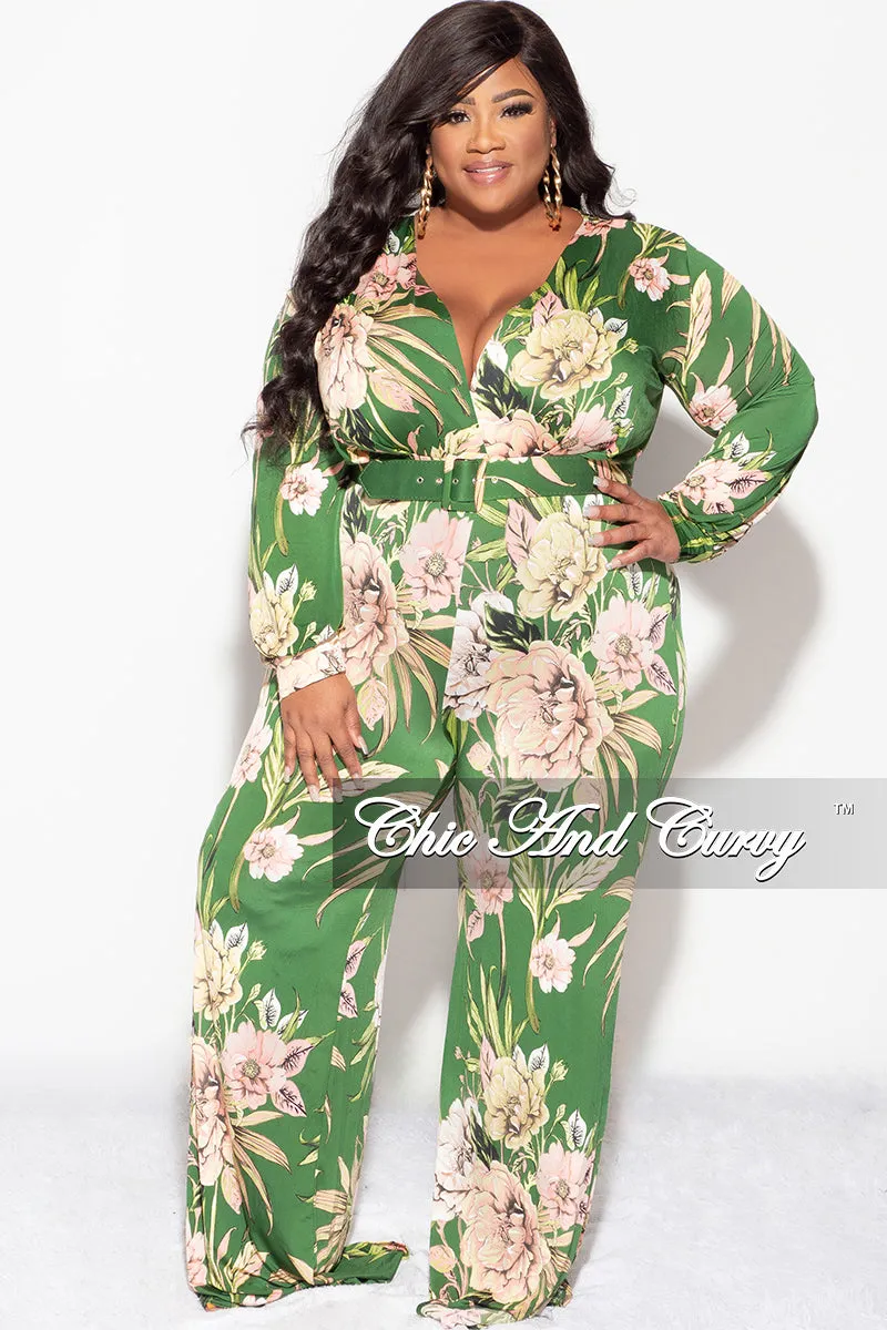 Final Sale Plus Size Faux Wrap Jumpsuit with Waist Tie in Olive & Pink Floral Print