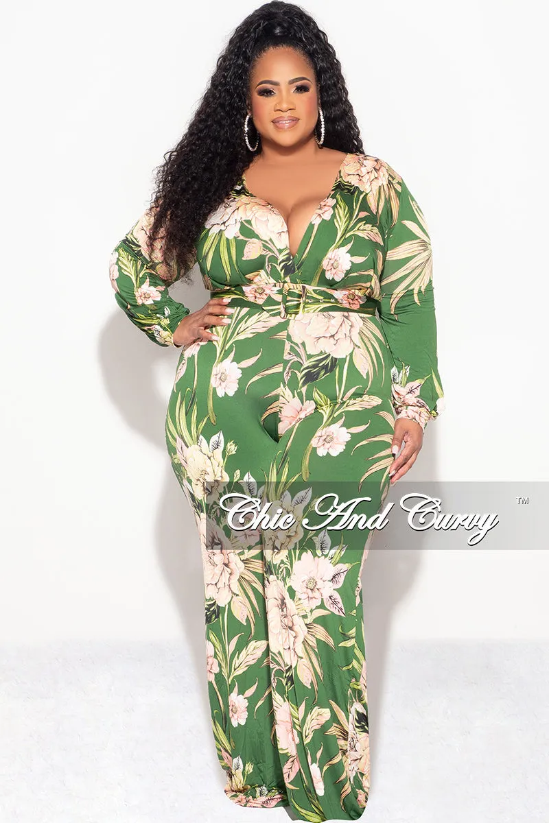 Final Sale Plus Size Faux Wrap Jumpsuit with Waist Tie in Olive & Pink Floral Print