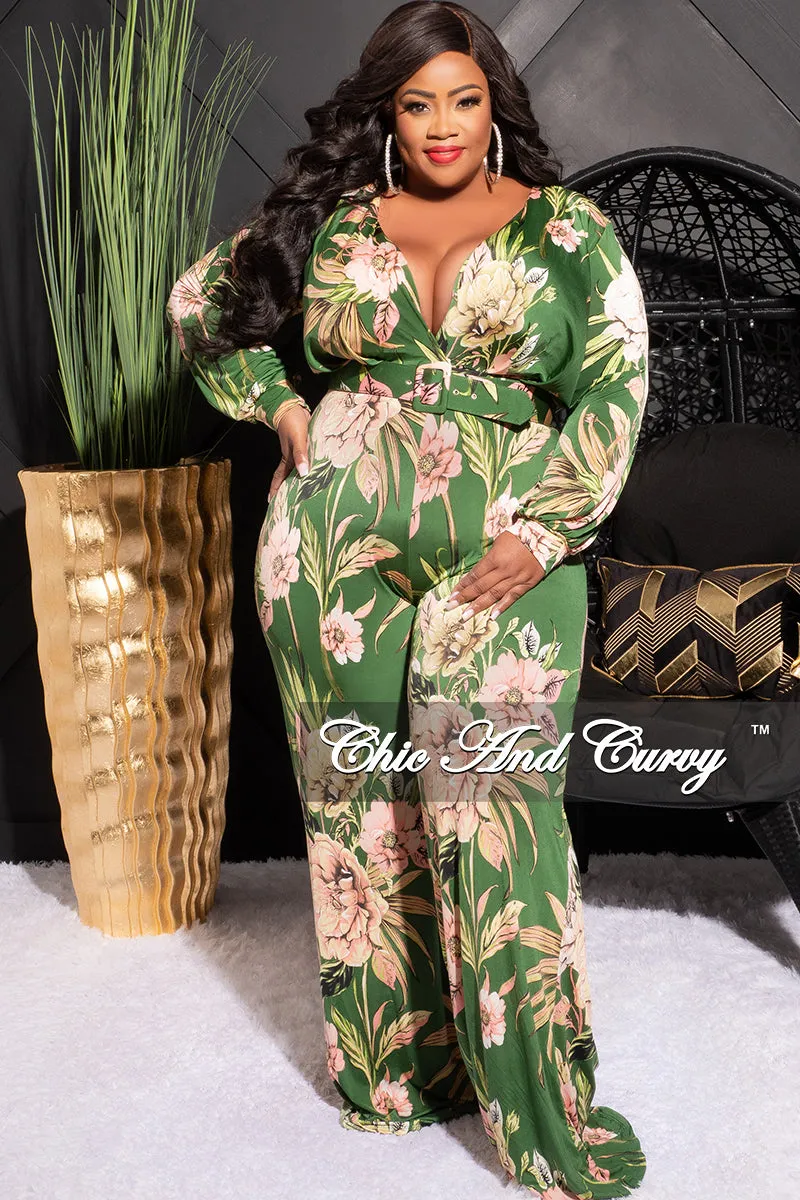 Final Sale Plus Size Faux Wrap Jumpsuit with Waist Tie in Olive & Pink Floral Print