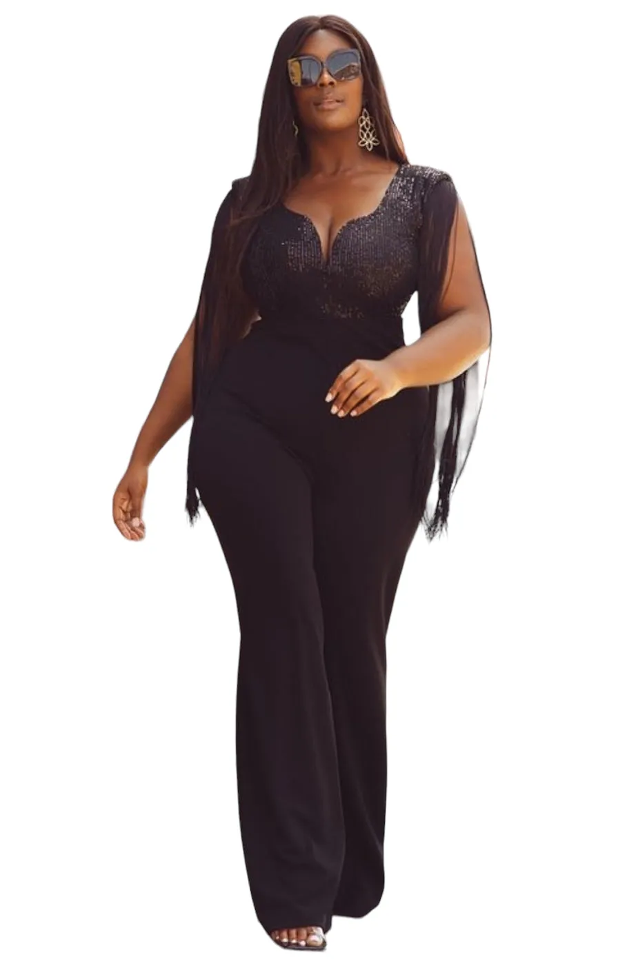 Final Sale Plus Size Fringe Shoulder Faux Wrap Sequin Jumpsuit Black