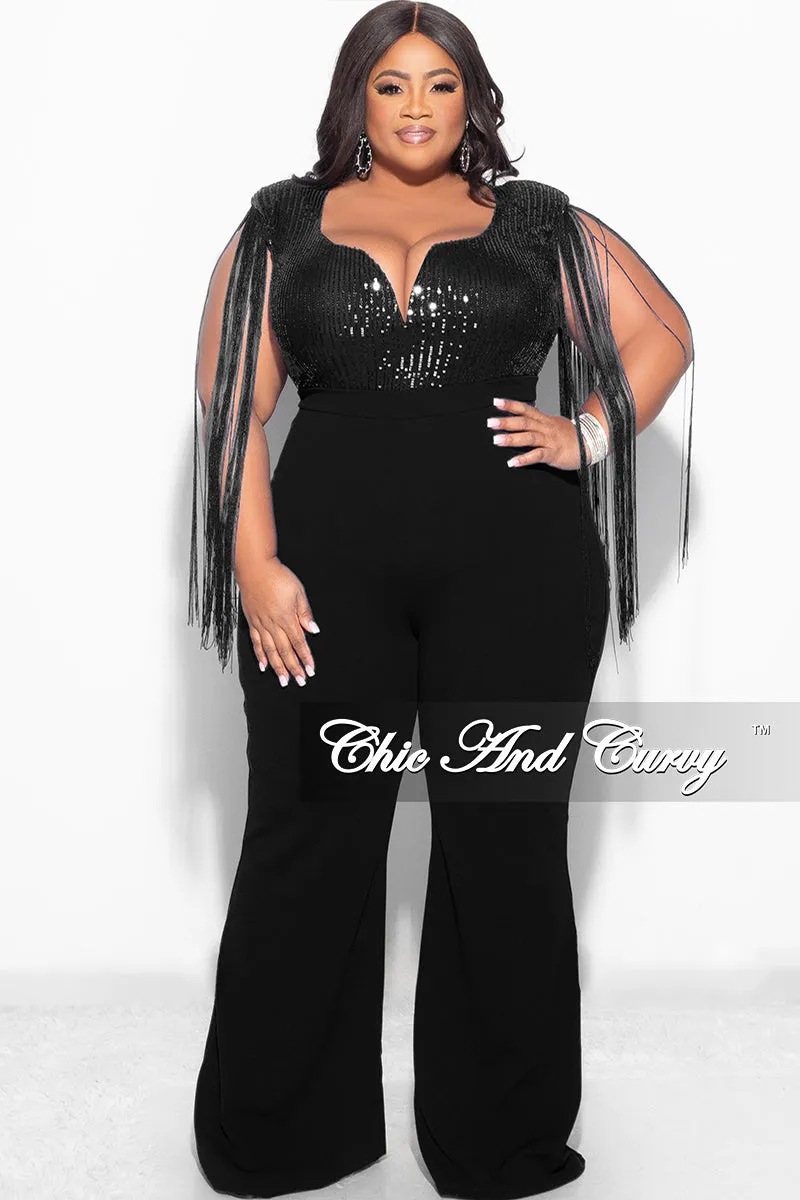 Final Sale Plus Size Fringe Shoulder Faux Wrap Sequin Jumpsuit Black