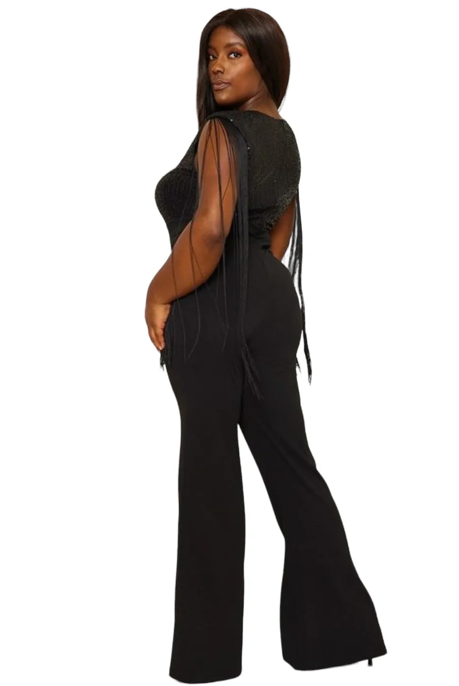 Final Sale Plus Size Fringe Shoulder Faux Wrap Sequin Jumpsuit Black