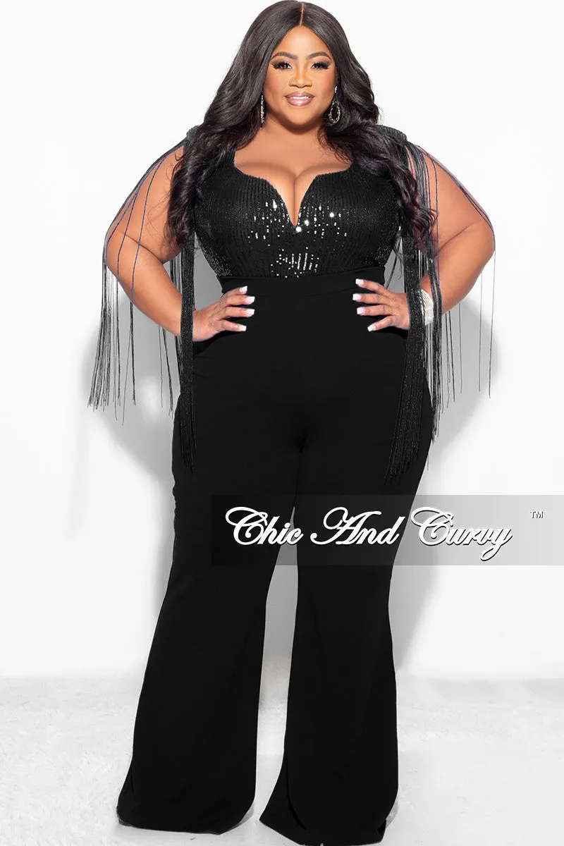 Final Sale Plus Size Fringe Shoulder Faux Wrap Sequin Jumpsuit Black