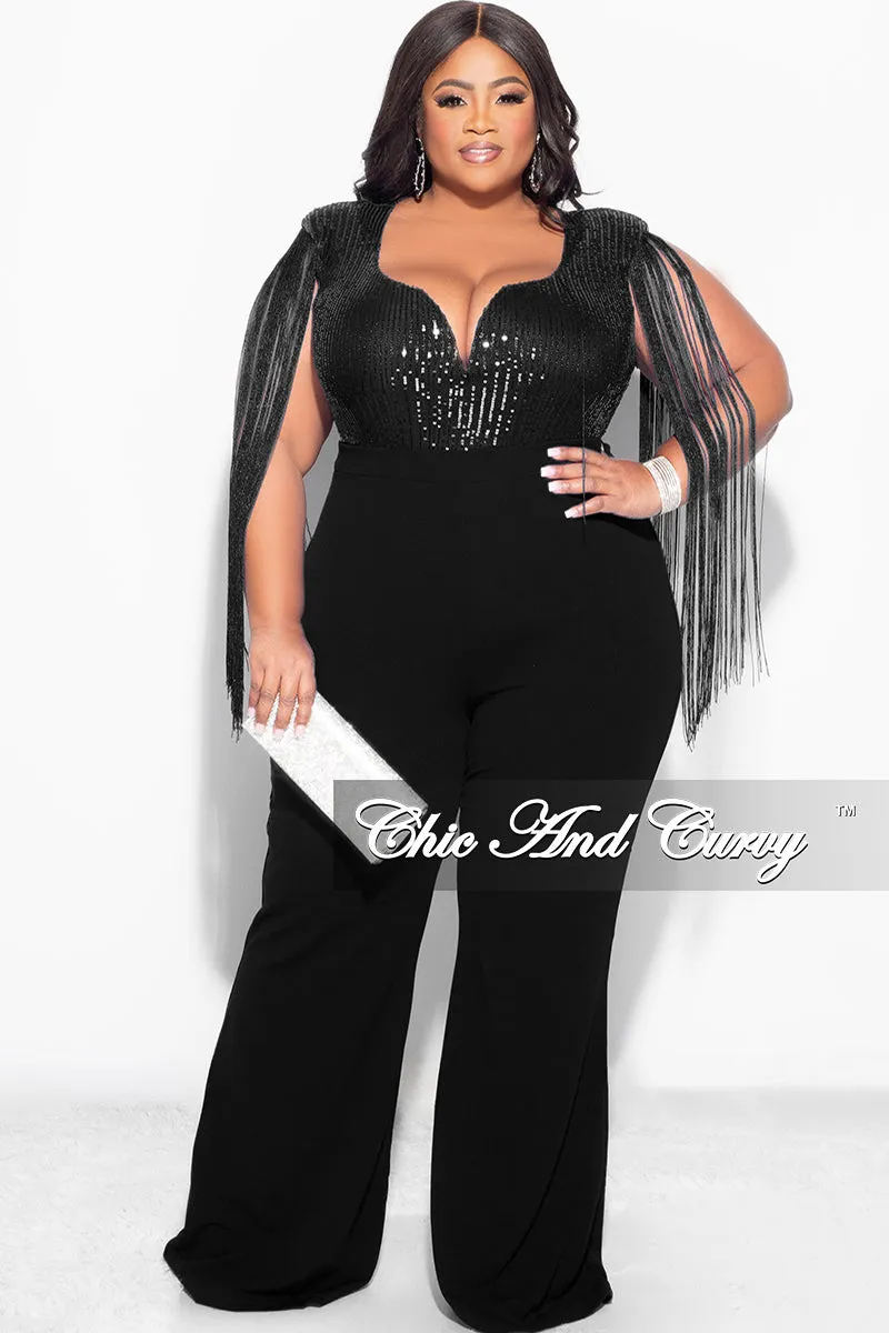 Final Sale Plus Size Fringe Shoulder Faux Wrap Sequin Jumpsuit Black