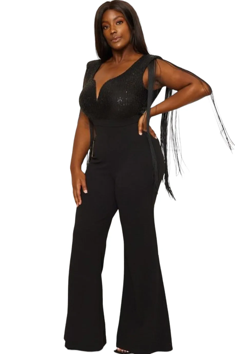 Final Sale Plus Size Fringe Shoulder Faux Wrap Sequin Jumpsuit Black