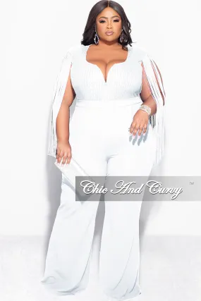 Final Sale Plus Size Fringe Shoulder Faux Wrap Sequin Jumpsuit Ivory