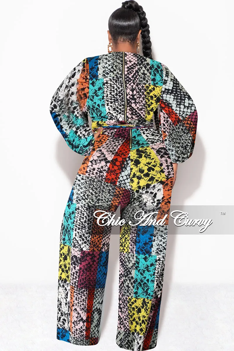 Final Sale Plus Size Long Sleeve Faux Wrap Jumpsuit with Attached Tie in Multi-Color Print