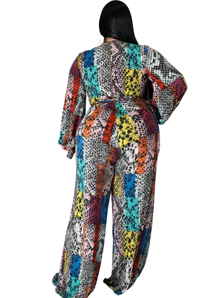 Final Sale Plus Size Long Sleeve Faux Wrap Jumpsuit with Attached Tie in Multi-Color Print