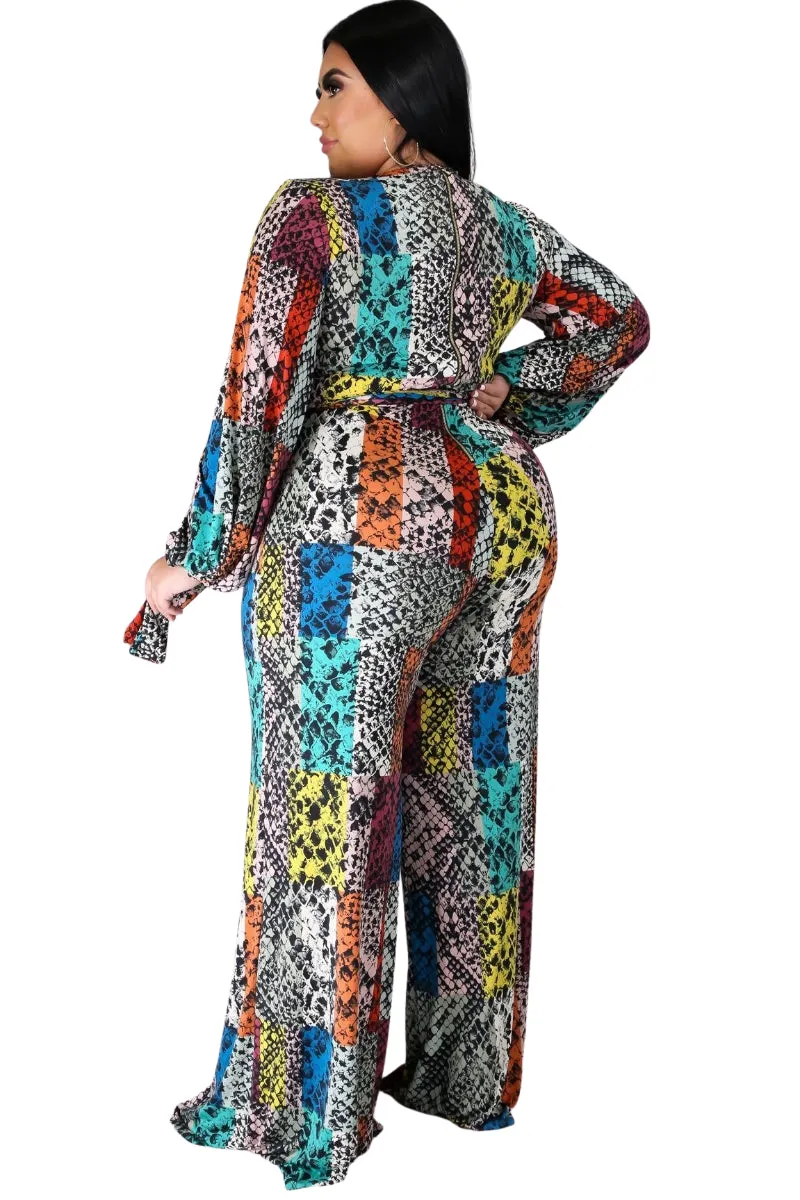 Final Sale Plus Size Long Sleeve Faux Wrap Jumpsuit with Attached Tie in Multi-Color Print