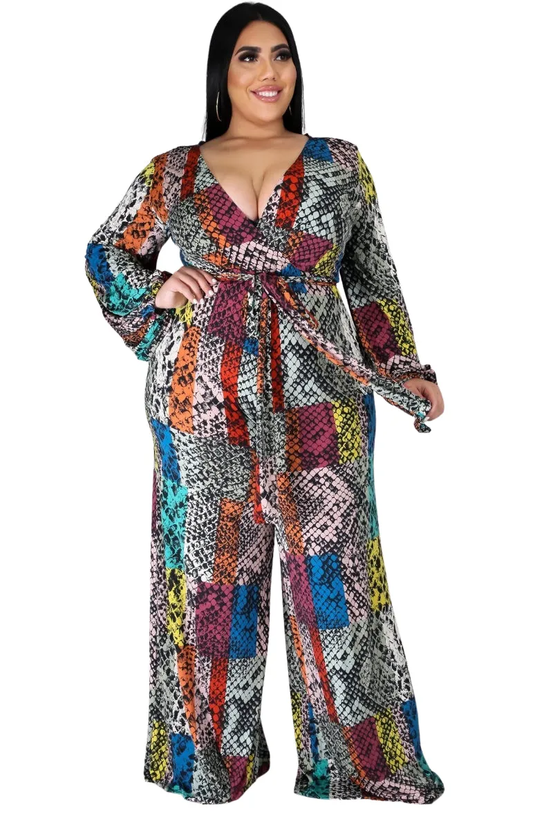 Final Sale Plus Size Long Sleeve Faux Wrap Jumpsuit with Attached Tie in Multi-Color Print