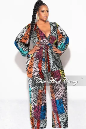 Final Sale Plus Size Long Sleeve Faux Wrap Jumpsuit with Attached Tie in Multi-Color Print