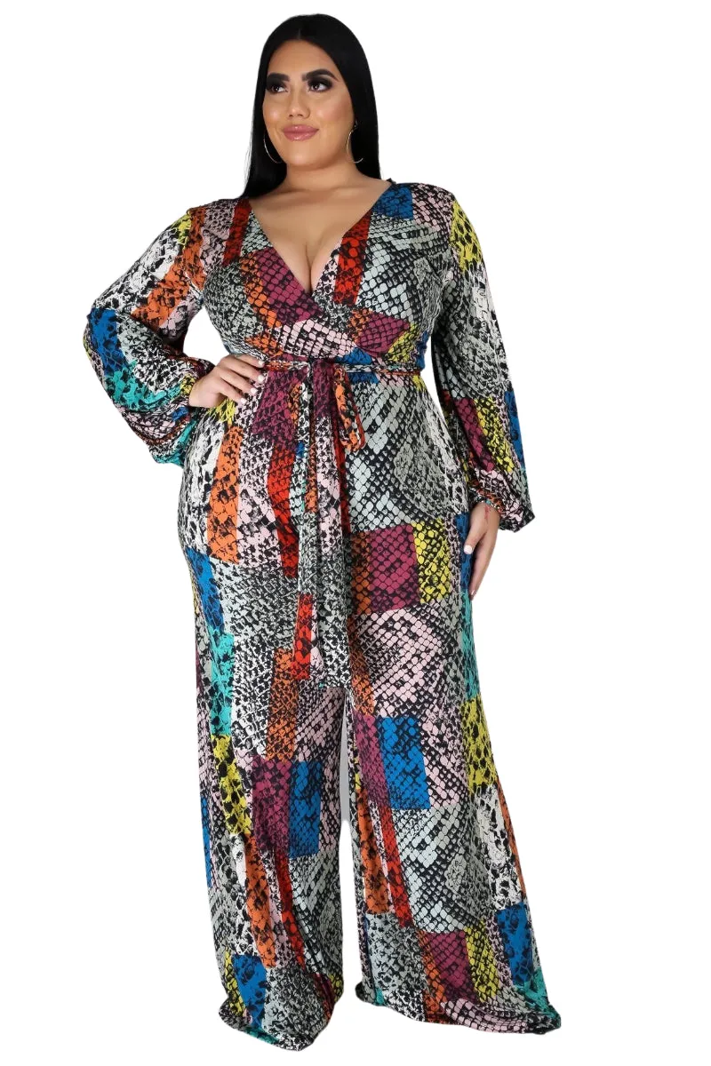 Final Sale Plus Size Long Sleeve Faux Wrap Jumpsuit with Attached Tie in Multi-Color Print