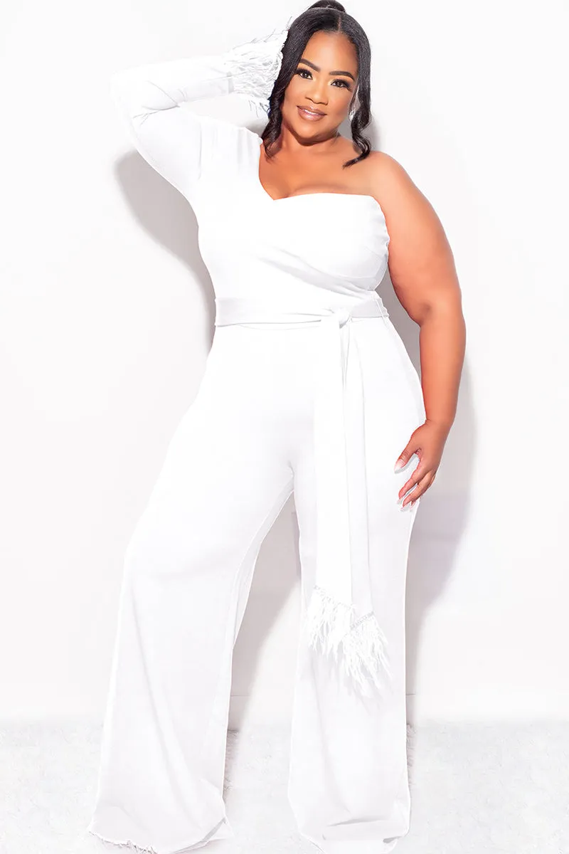 Final Sale Plus Size One Shoulder Long Sleeve Feather Cuff Jumpsuit with Tie in Ivory