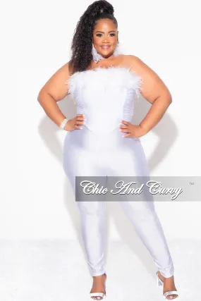 Final Sale Plus Size Strapless Faux Fur Trim Shiny Jumpsuit in White