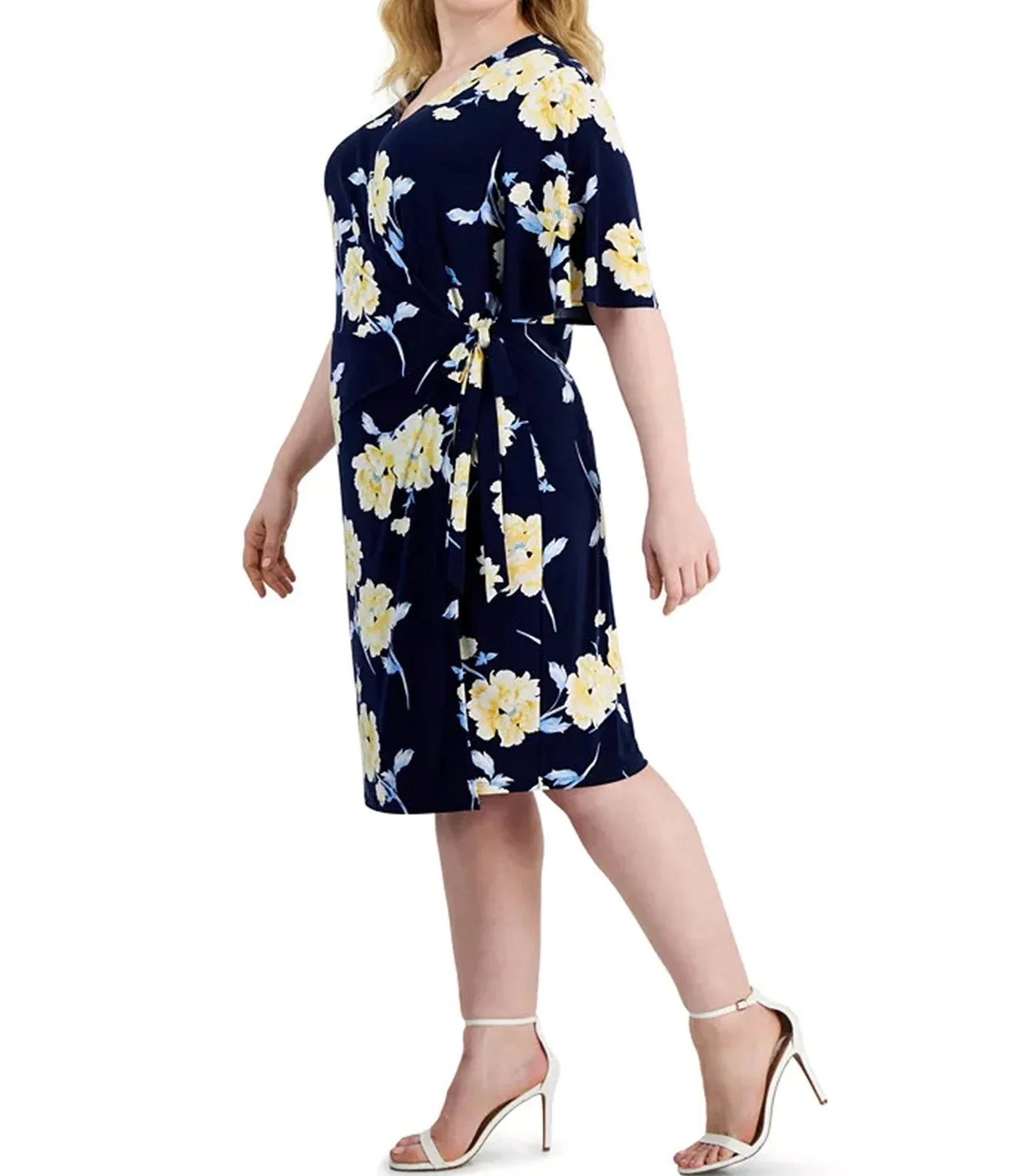 Flutter-Sleeve Side-Tie Dress Distant Mountain/Golden Yellow Multi