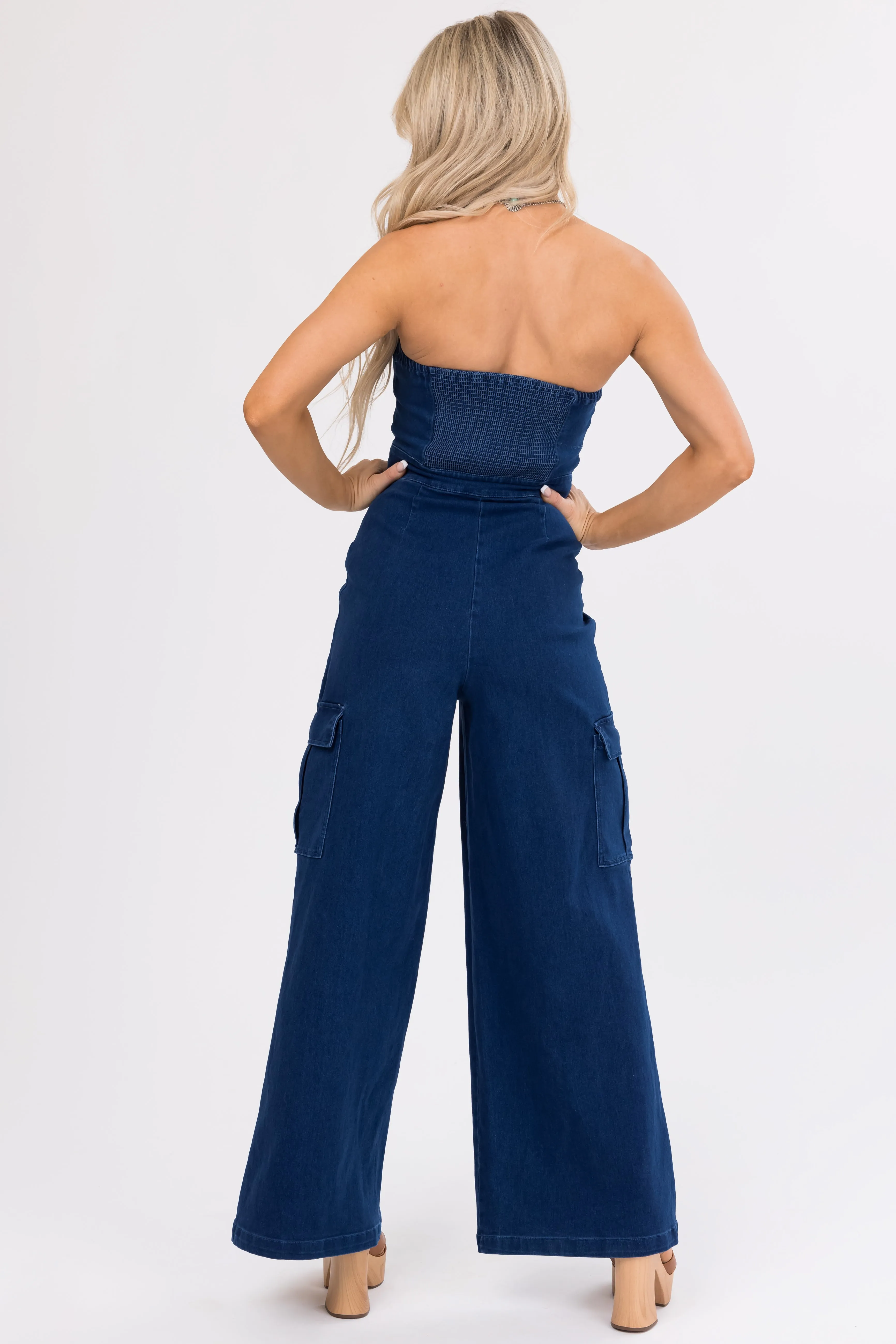 Flying Tomato Dark Denim Strapless Cargo Jumpsuit