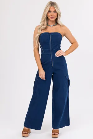 Flying Tomato Dark Denim Strapless Cargo Jumpsuit