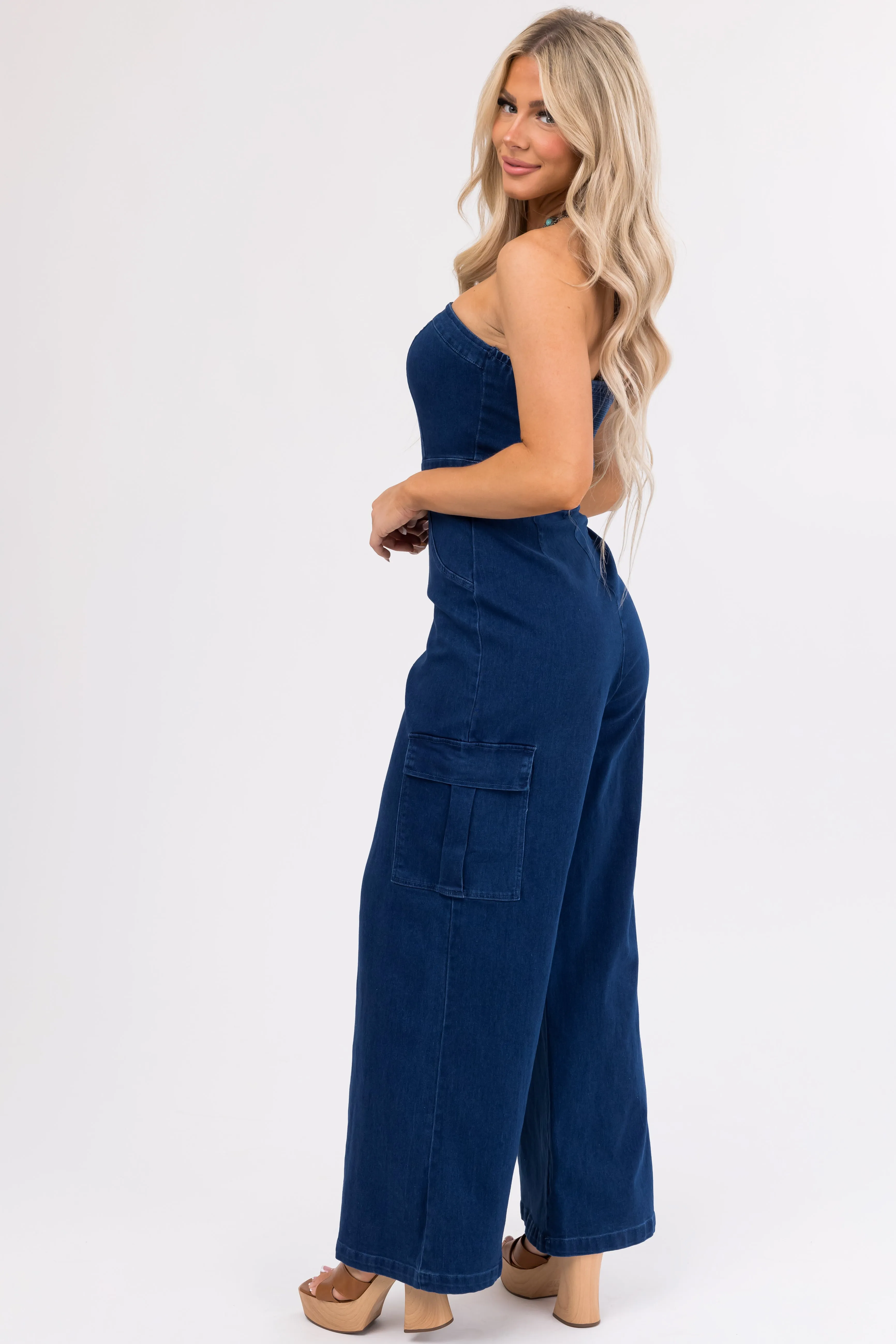 Flying Tomato Dark Denim Strapless Cargo Jumpsuit