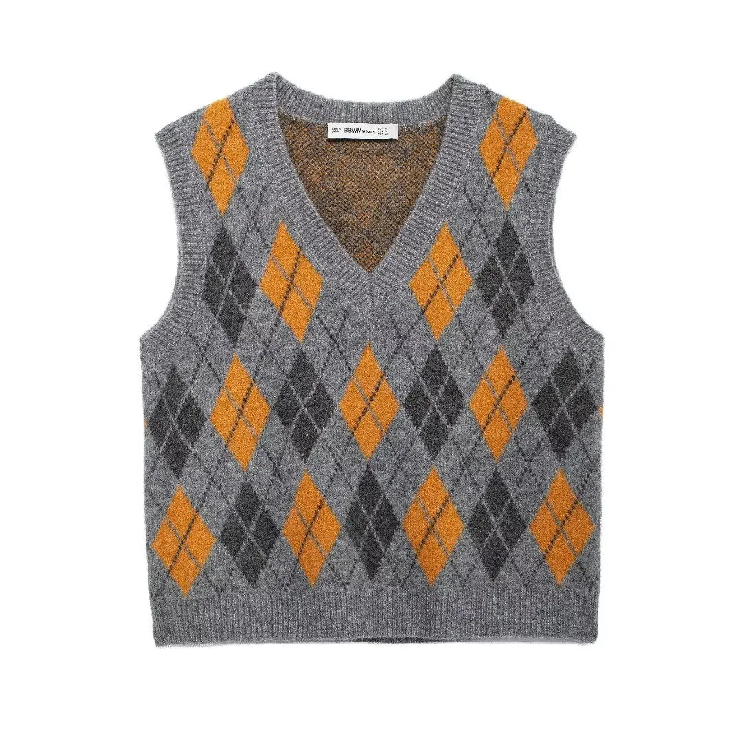 Flytonnshop 1980s fashion trends 2024 Autumn Fashion Diamond Pattern Jacquard Knitted Vest Women's Clothing