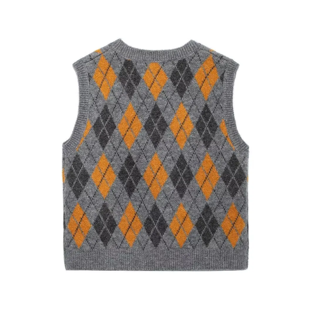 Flytonnshop 1980s fashion trends 2024 Autumn Fashion Diamond Pattern Jacquard Knitted Vest Women's Clothing