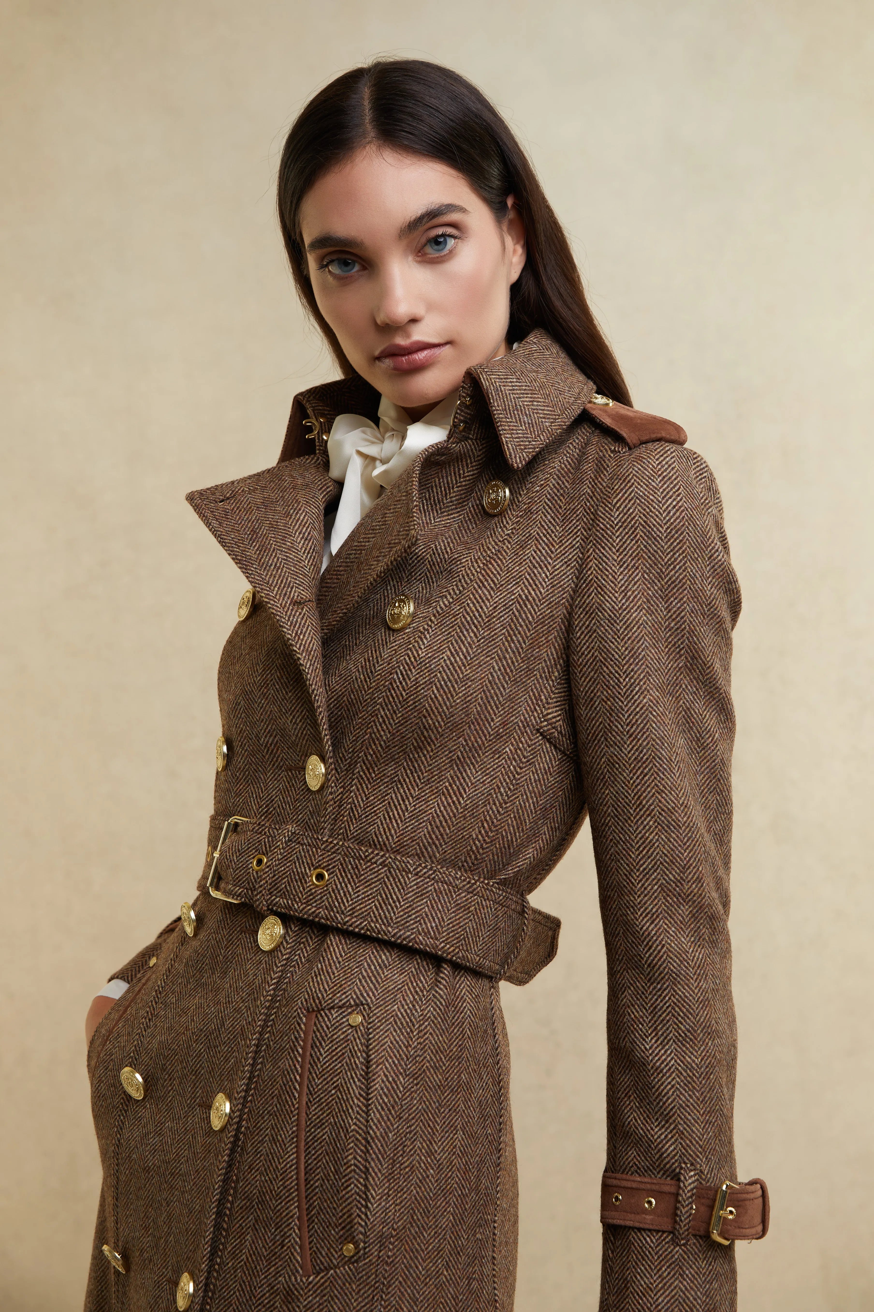 Full Length Marlborough Trench Coat (Large Scale Brown Herringbone)