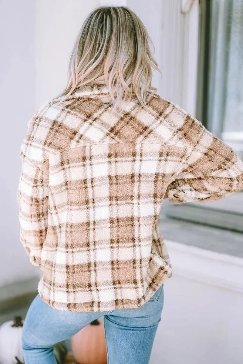 Get Cozy in Style: Shop the Sherpa Plaid Button Jacket for Women