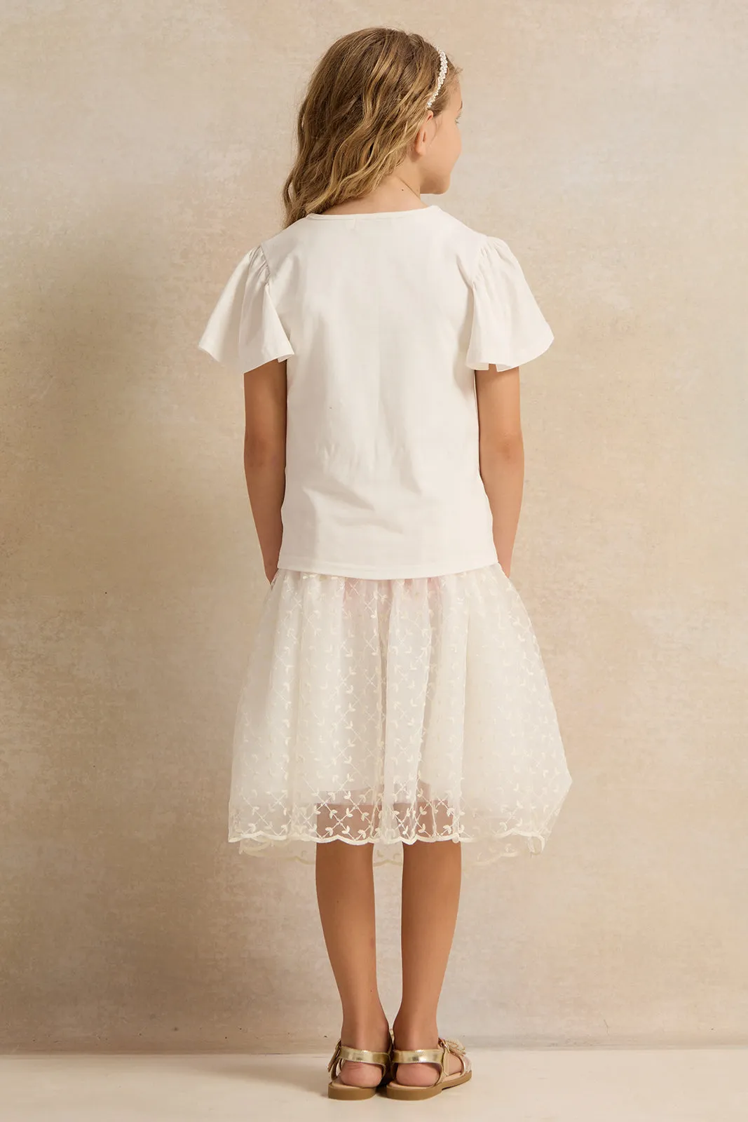 Girls Ivory 3D Butterfly Tee With Lace Skirt (2 Piece)